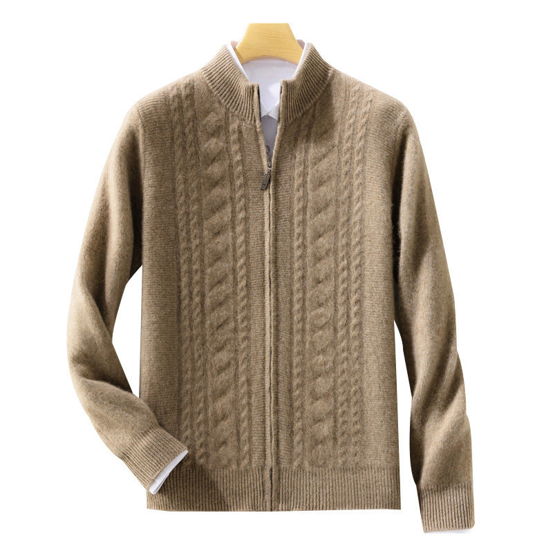 Men's zip-up knitted cardigan with cable pattern and stand-up collar Chichicherry