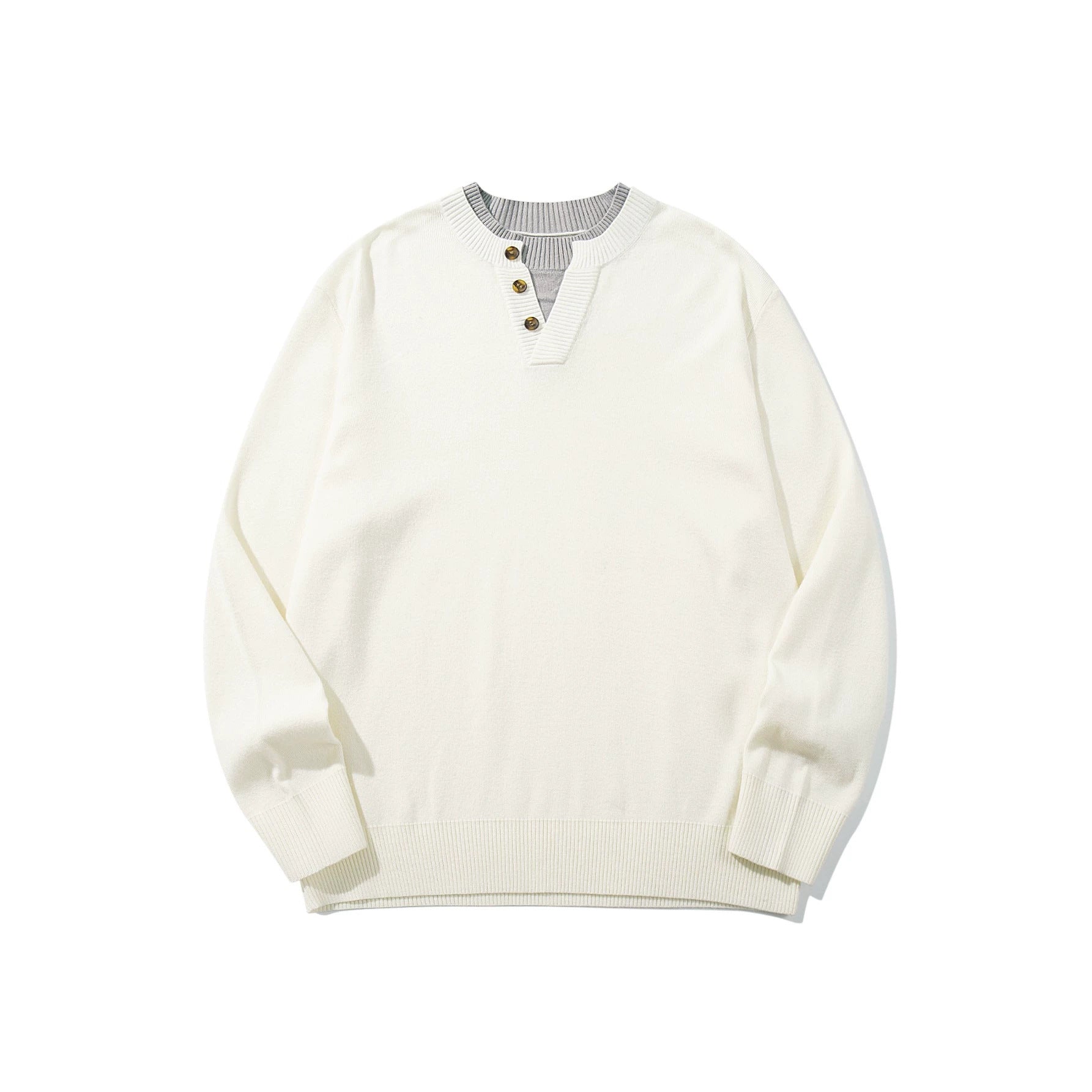 Unisex Ribbed Cotton Blend Sweater with Henley Button Placket and Relaxed Fit Chichicherry