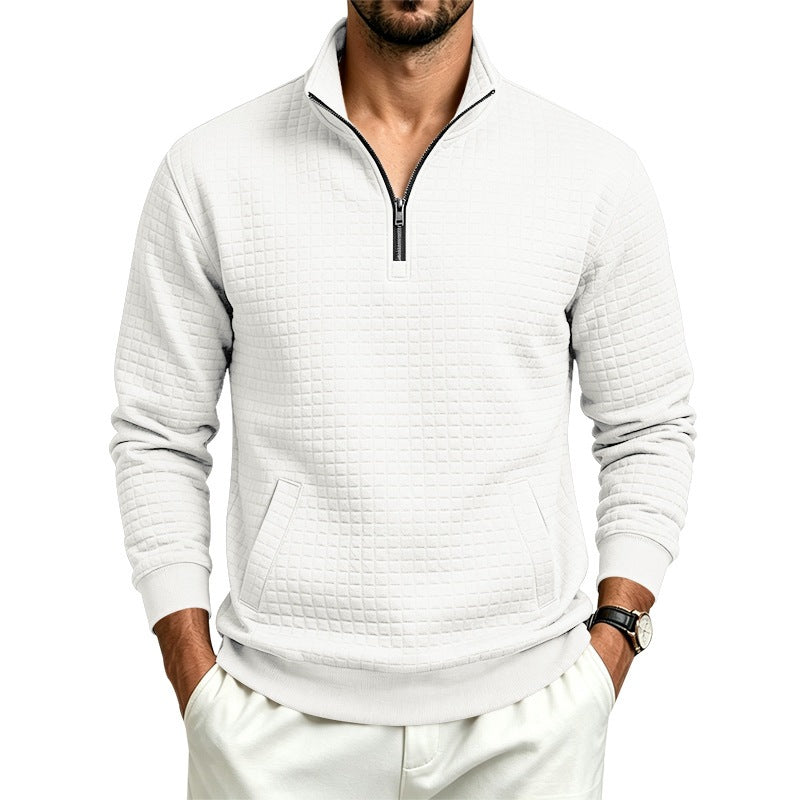 Men's Stand Collar Sweatshirt with Half Zip and Quilted Waffle Texture Chichicherry