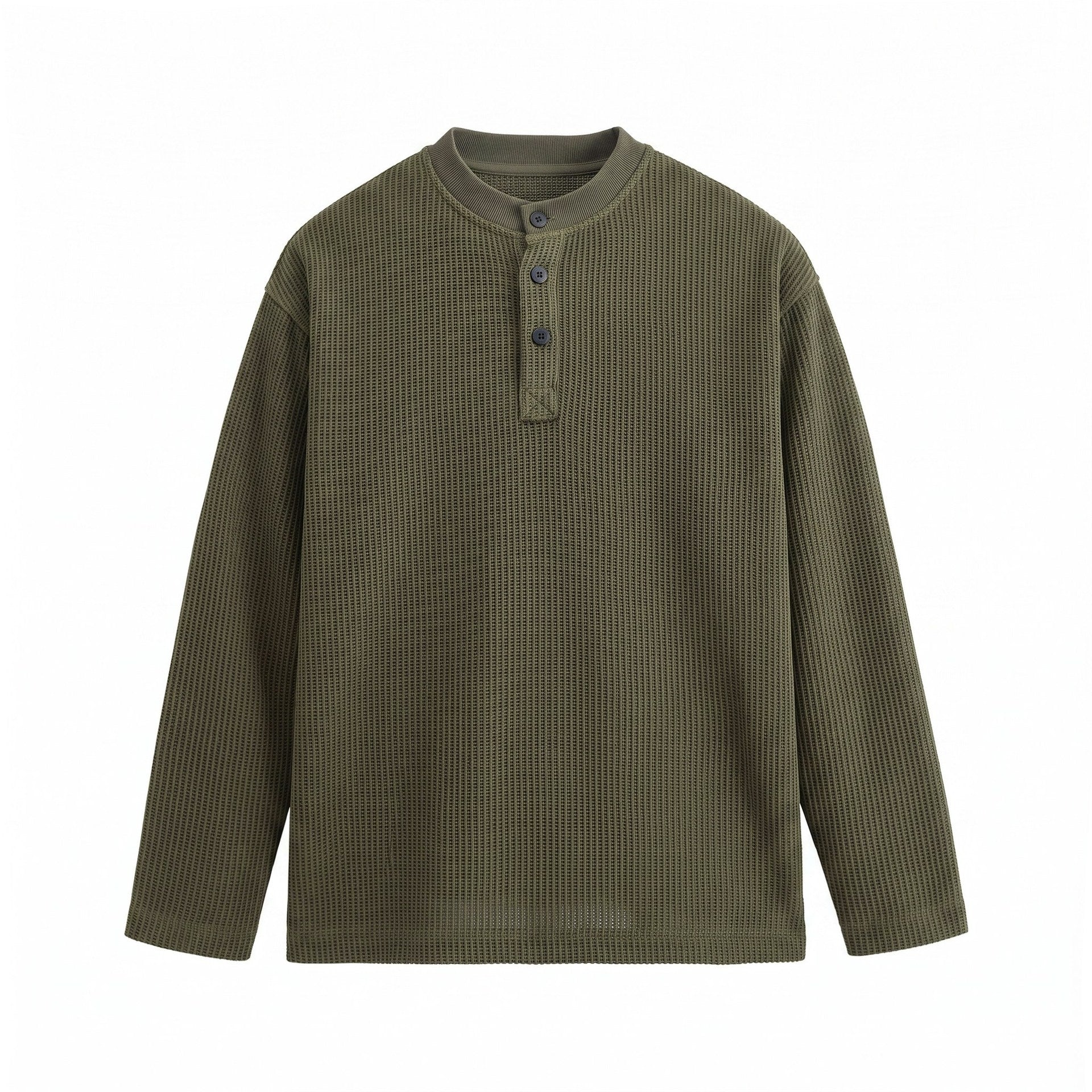 Men's Waffle Knit Henley with Stand Collar and Triple Button Placket Chichicherry