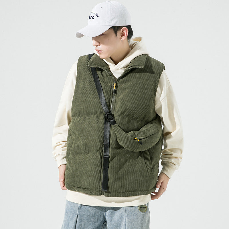 Men's Padded Fine Cord Quilted Vest with High Stand-Up Collar and Integrated Crossbody Fanny Pack Chichicherry