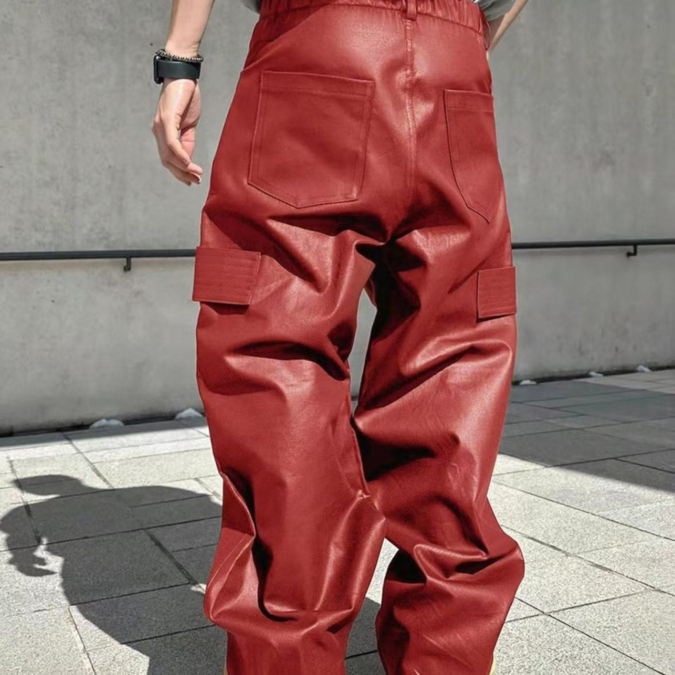 Men's Wide Cut Cargo Pants in Leather Look with Flap Pockets Chichicherry
