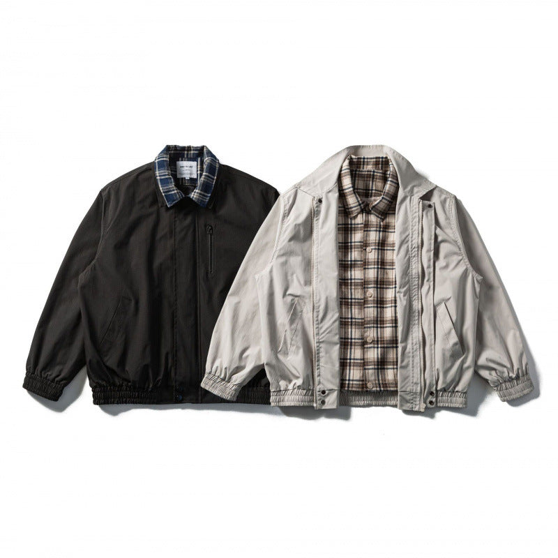 Men's Short Cut Boxy Transition Jacket with Checked Collar and Elastic Hem Chichicherry