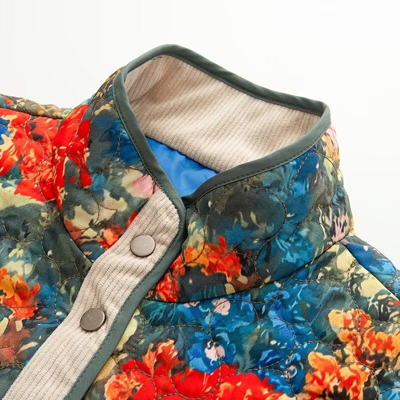 Women Quilted Transitional Jacket with Floral Allover Pattern and Stand Collar Chichicherry