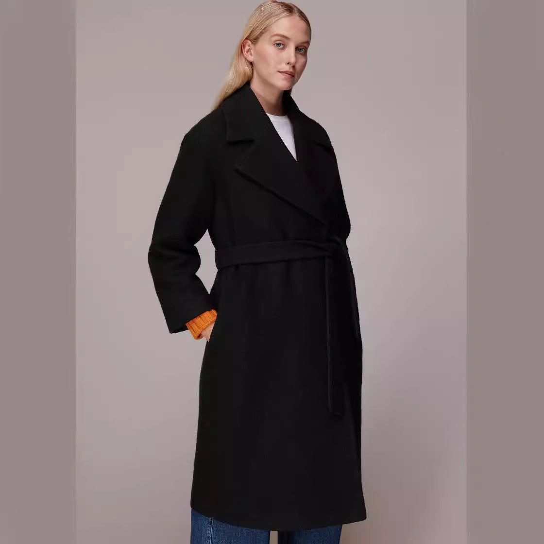 Women's Midi-Length Wool Blend Long Coat with Minimal Shawl Collar and Relaxed Silhouette Chichicherry