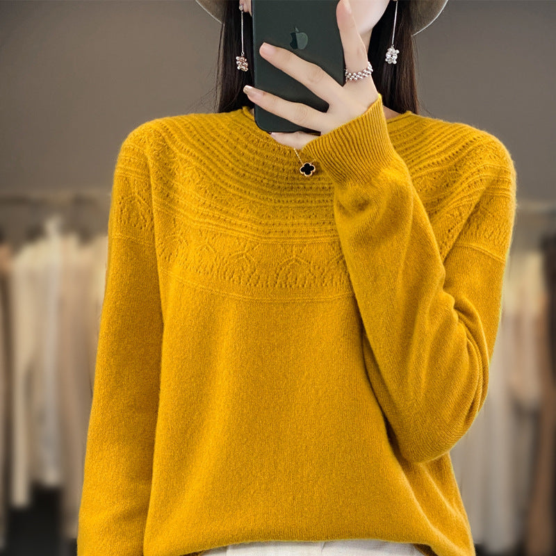 Women's round neck fine knit pullover with structured yoke and cashmere look Chichicherry