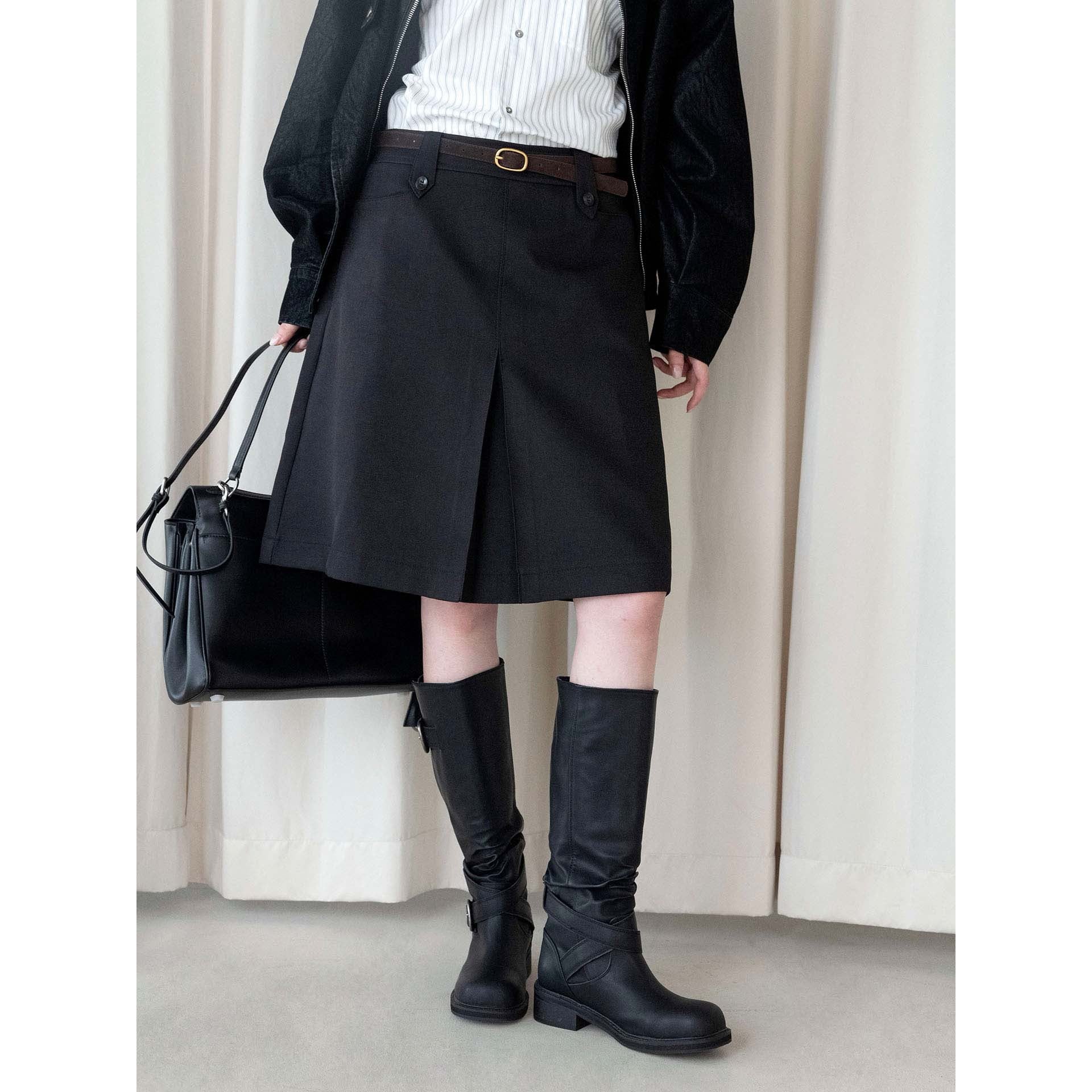 Women Knee-Length A-Line Skirt with Center Slit and Waist Pockets Chichicherry