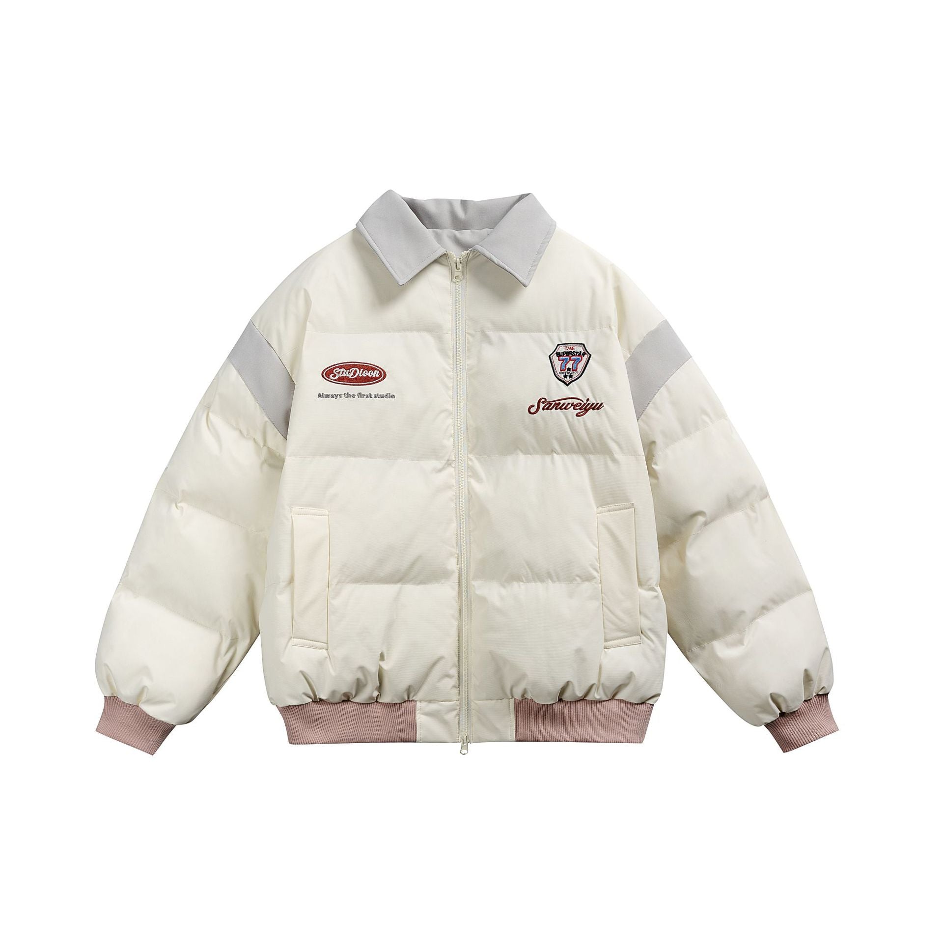 Women's short padded blouson jacket with contrasting collar and embroidery details Chichicherry