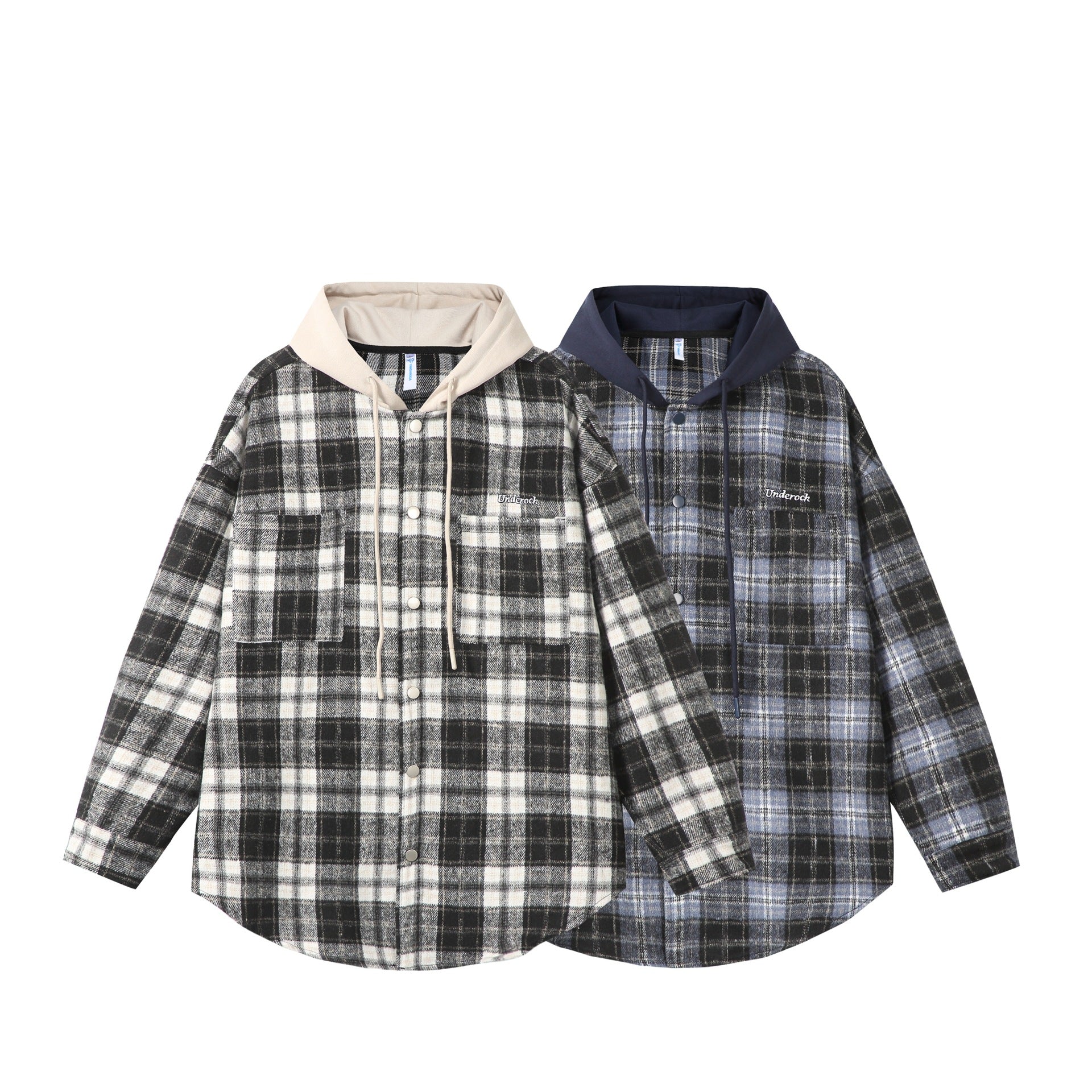 Unisex Oversized Check Shirt Jacket with Hood, Snap Buttons and Chest Pocket Chichicherry
