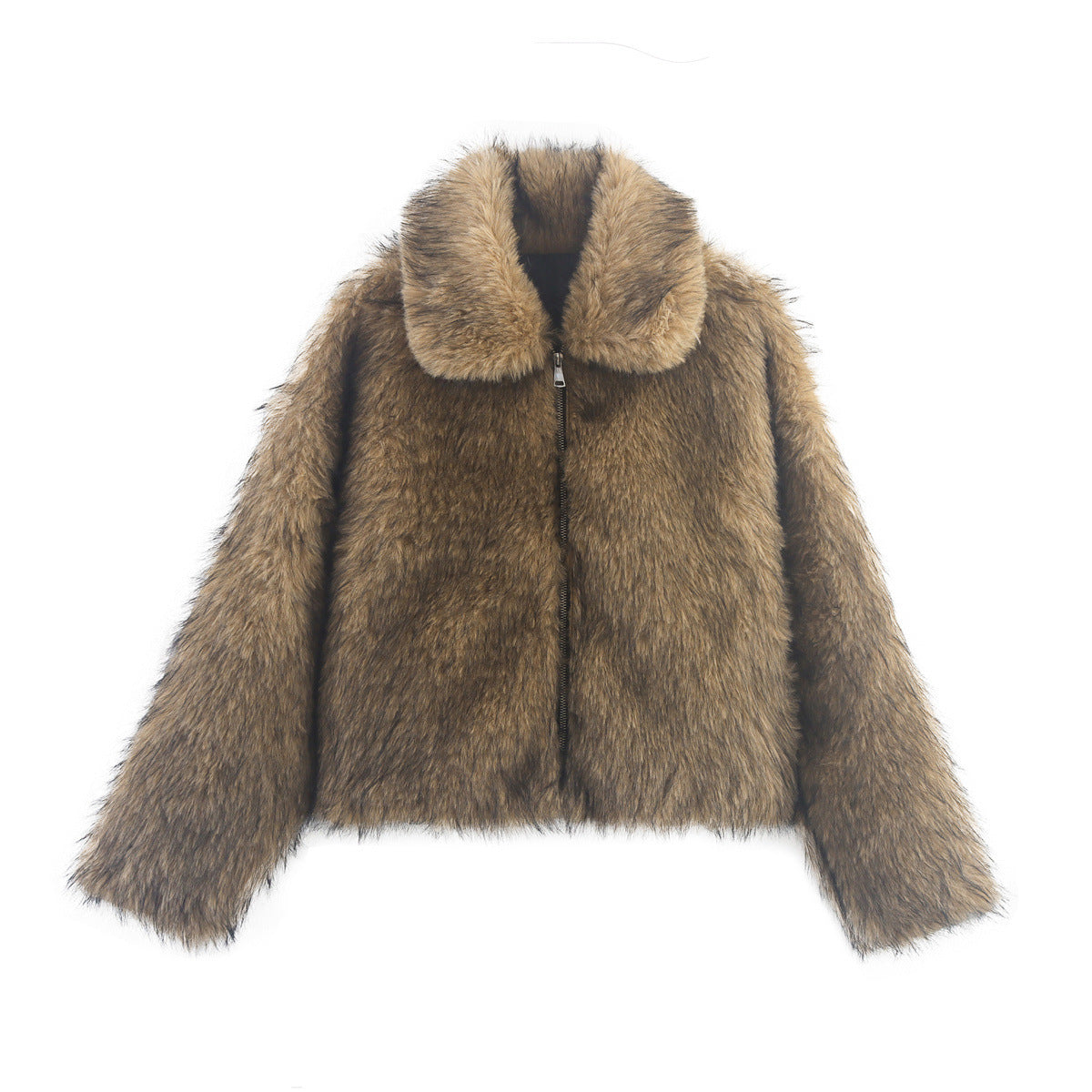 Women Short Faux Fur Bomber Jacket with Voluminous Fur Collar and Zipper Chichicherry