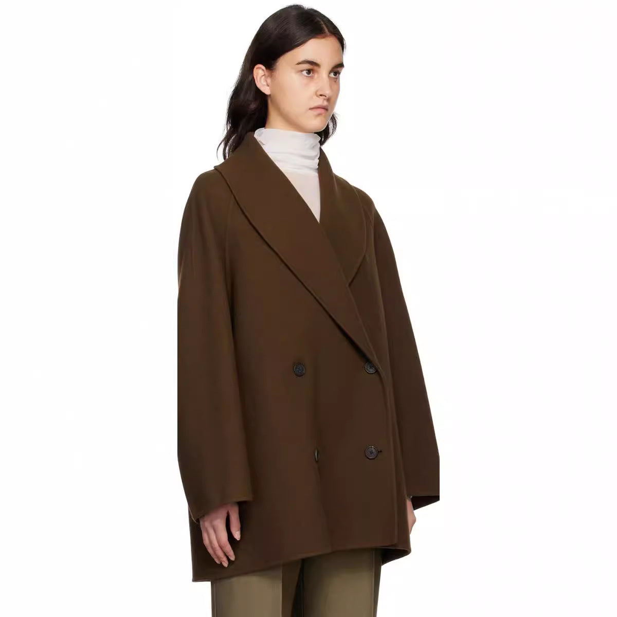 Women Short Cut Oversized Double Breasted Wool Blend Coat with Round Shawl Collar Chichicherry
