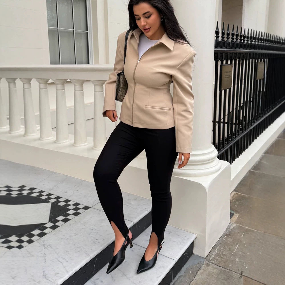 Women's Tailored Short Jacket made of vegan leather imitation with shirt collar and concealed zipper Chichicherry