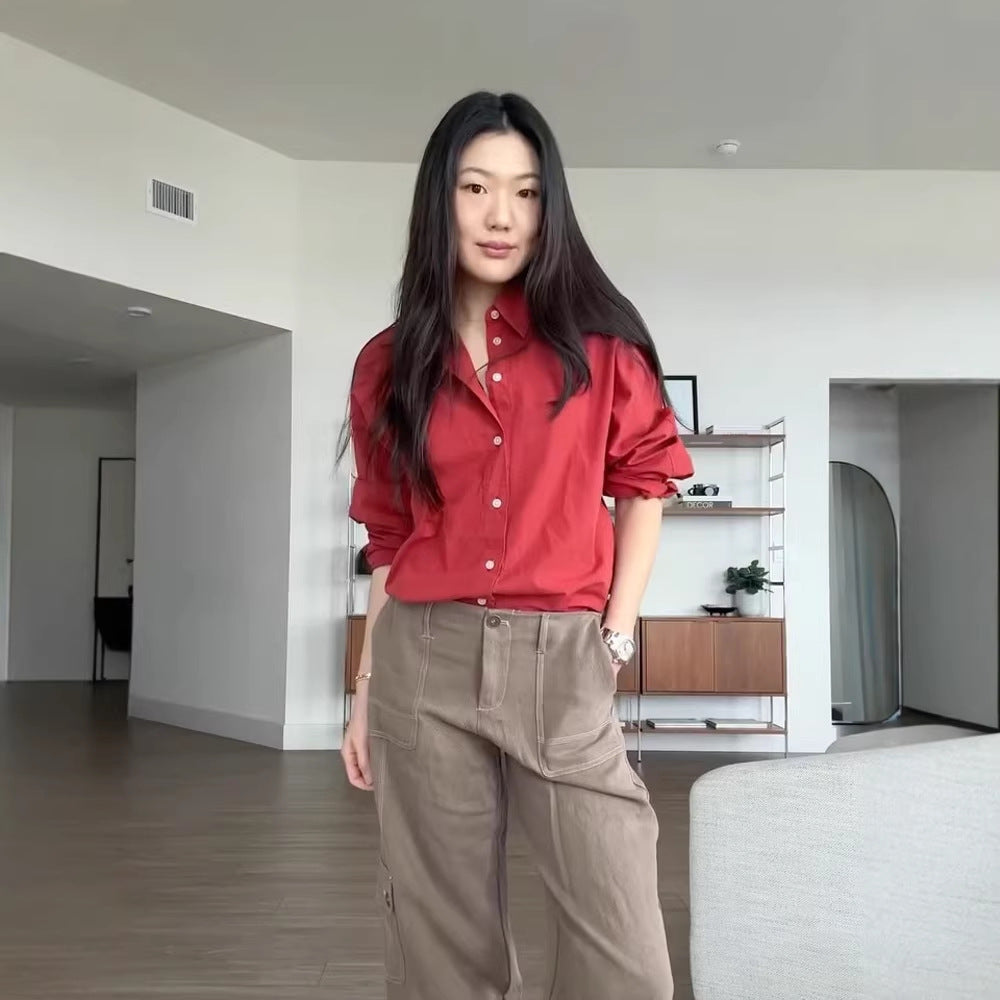 Women's loose-fitting cotton blouse with full button placket, shirt collar & roll-up sleeves Chichicherry