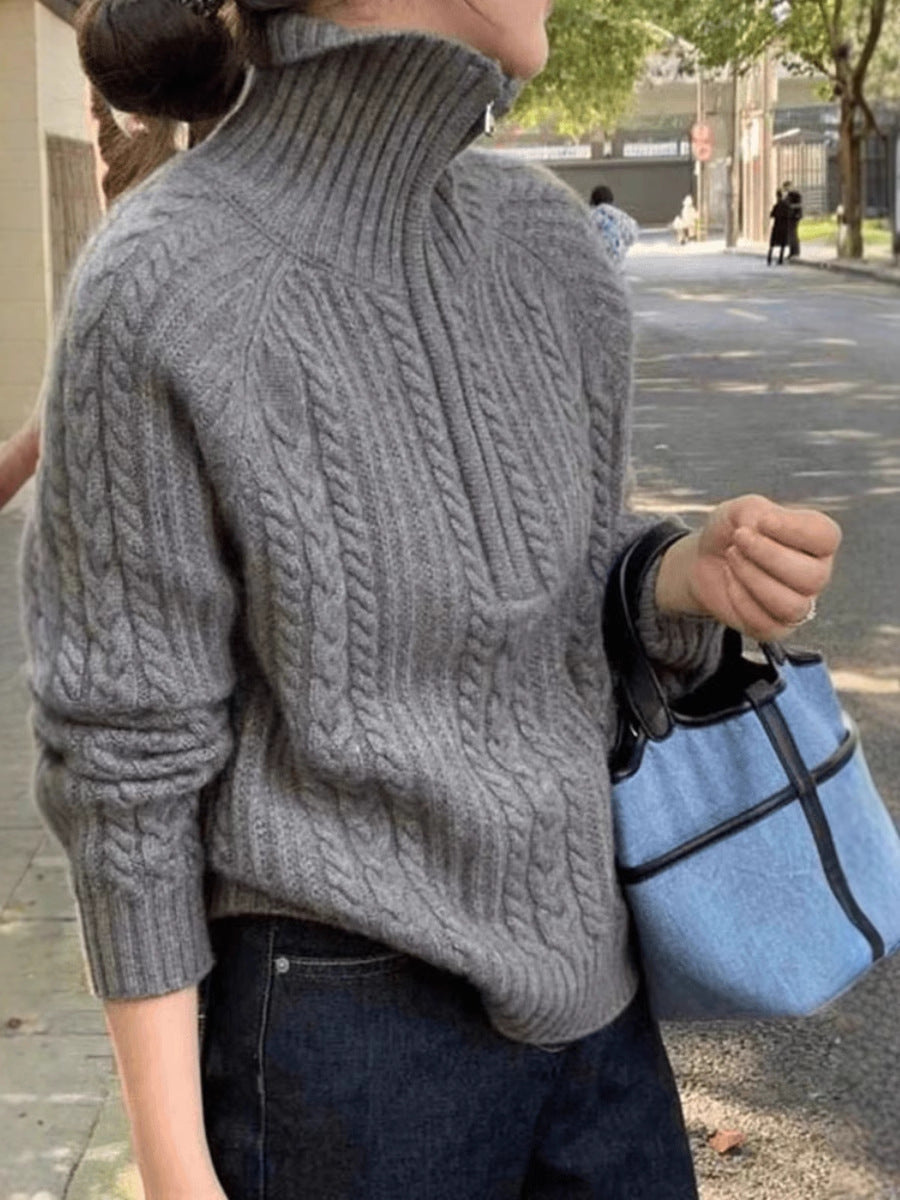 Ladies cable knit polo collar sweater with half zipper and soft mohair look Chichicherry
