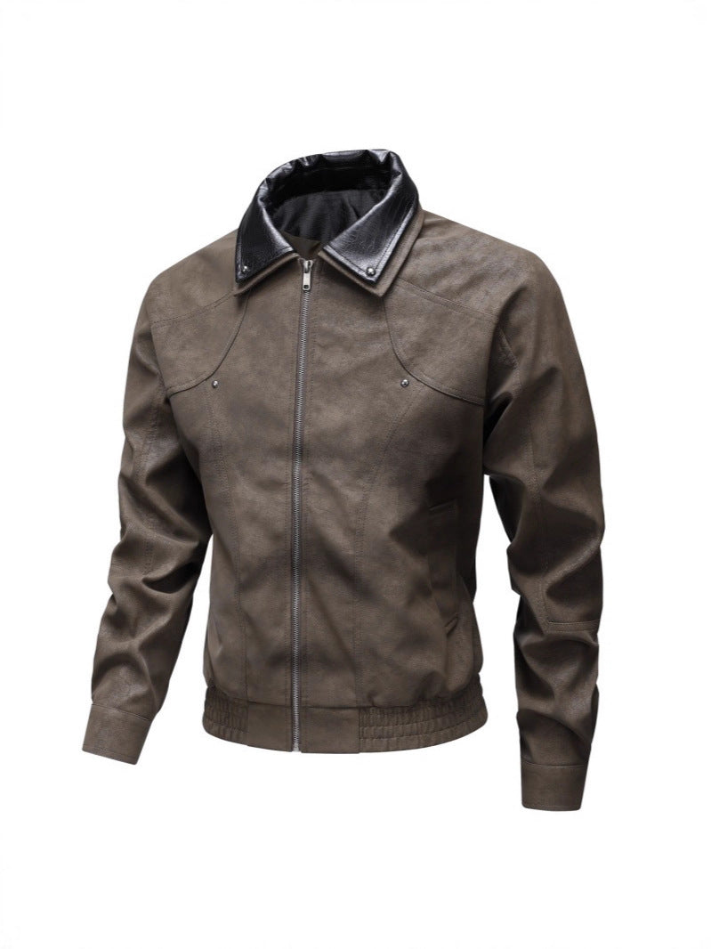 Men's Vintage-inspired Faux Leather Blouson Jacket with Contrast Collar Chichicherry