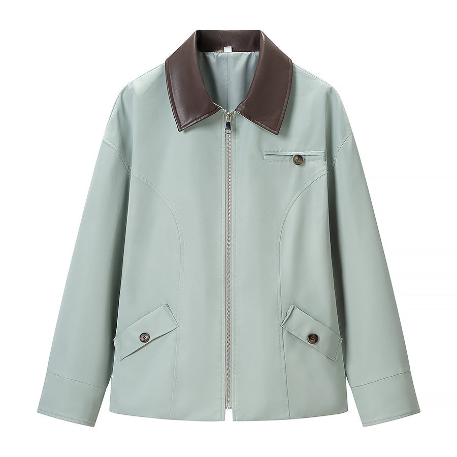 Women's Oversize Jacket in Leather Look with Contrasting Shirt Collar and Zipper Chichicherry