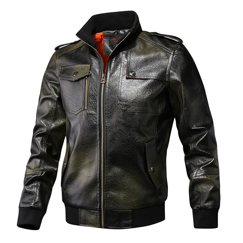Men's Faux Leather Flight Jacket with Shoulder Epaulettes, Chest Pockets, and Ribbed Cuffs Chichicherry