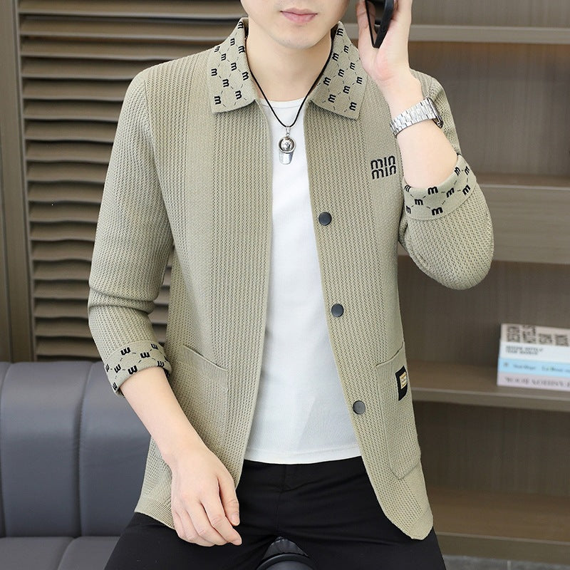 Men's Textured Knit Blazer with Patterned Collar and Button Placket Chichicherry