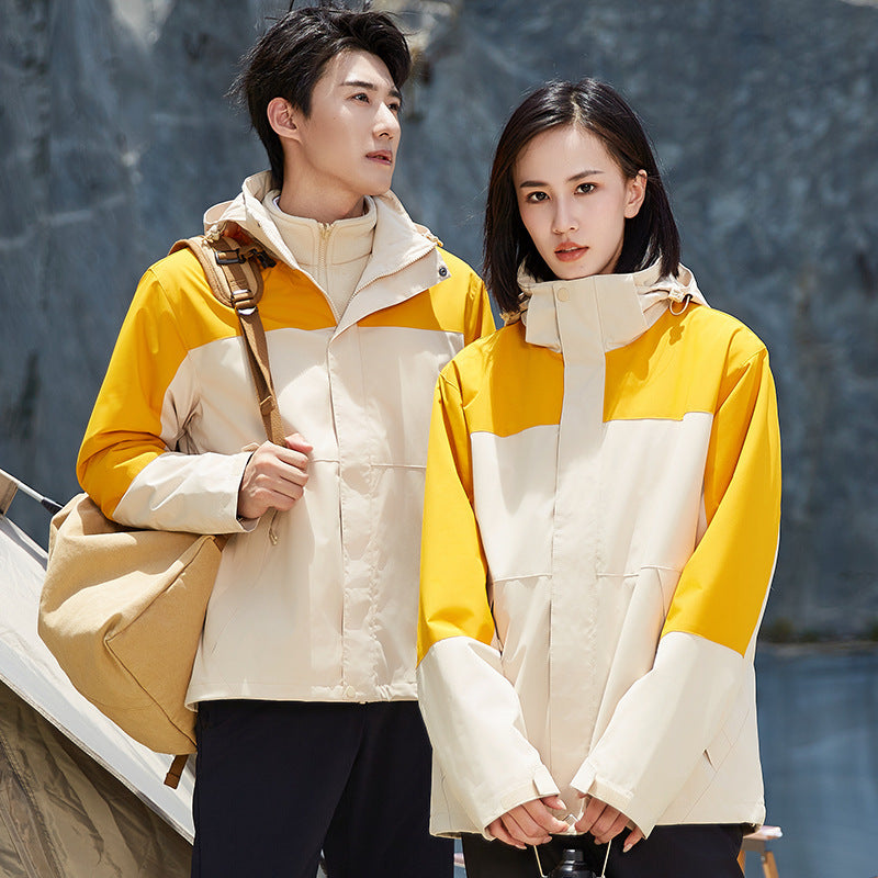 Unisex two-layer water-repellent outdoor jacket with hood and color block design Chichicherry