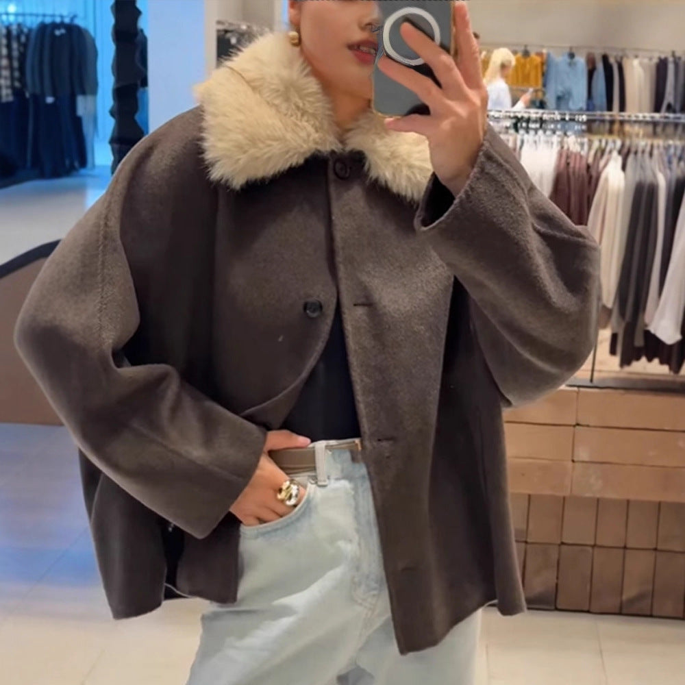 Women's Boxy-Cropped Wool Blend Jacket with Soft Faux Fur Shawl Collar Chichicherry