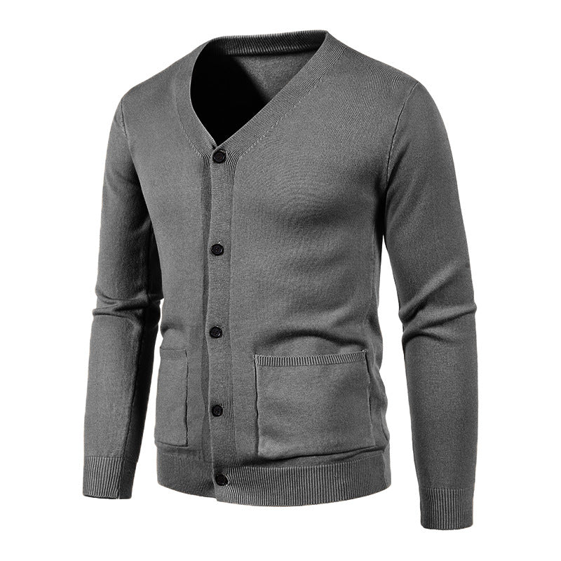 Men's fine-knit cardigan with V-neck, full button placket, and patch pockets Chichicherry