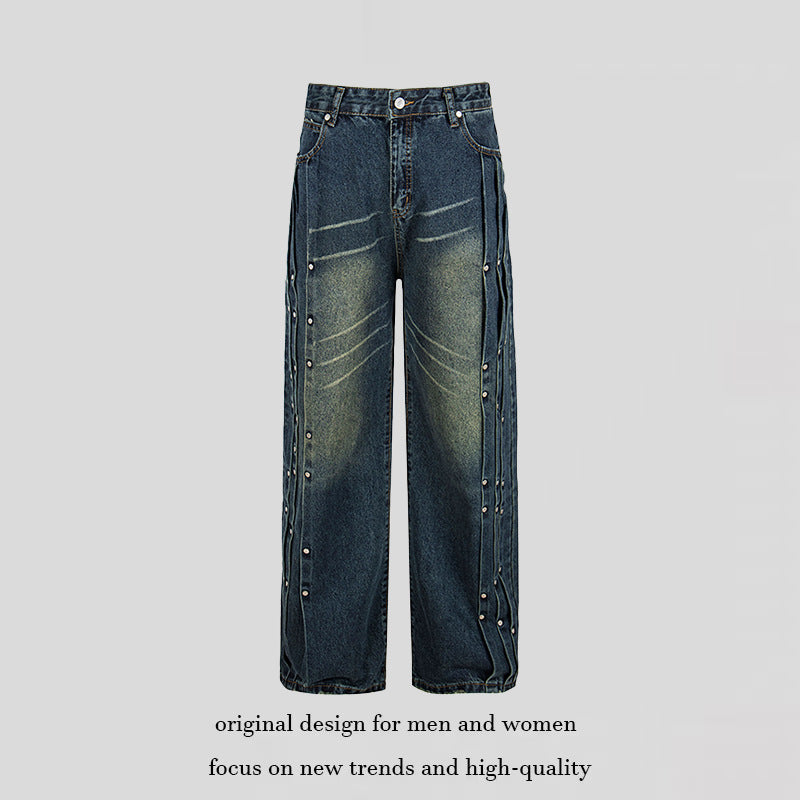 Women's Loose Denim Jeans with Snap Button Side Stripes, High Waist and Used Wash Chichicherry