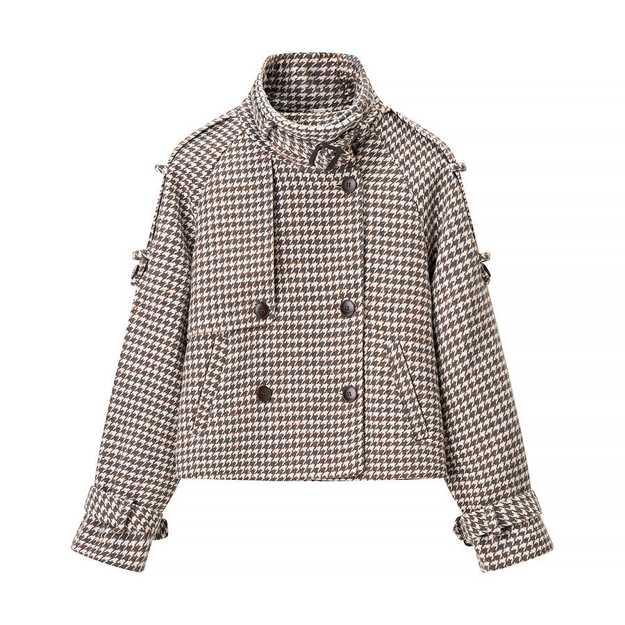 Women Short Houndstooth Wool Blend Coat with Wide Lapel Collar Chichicherry