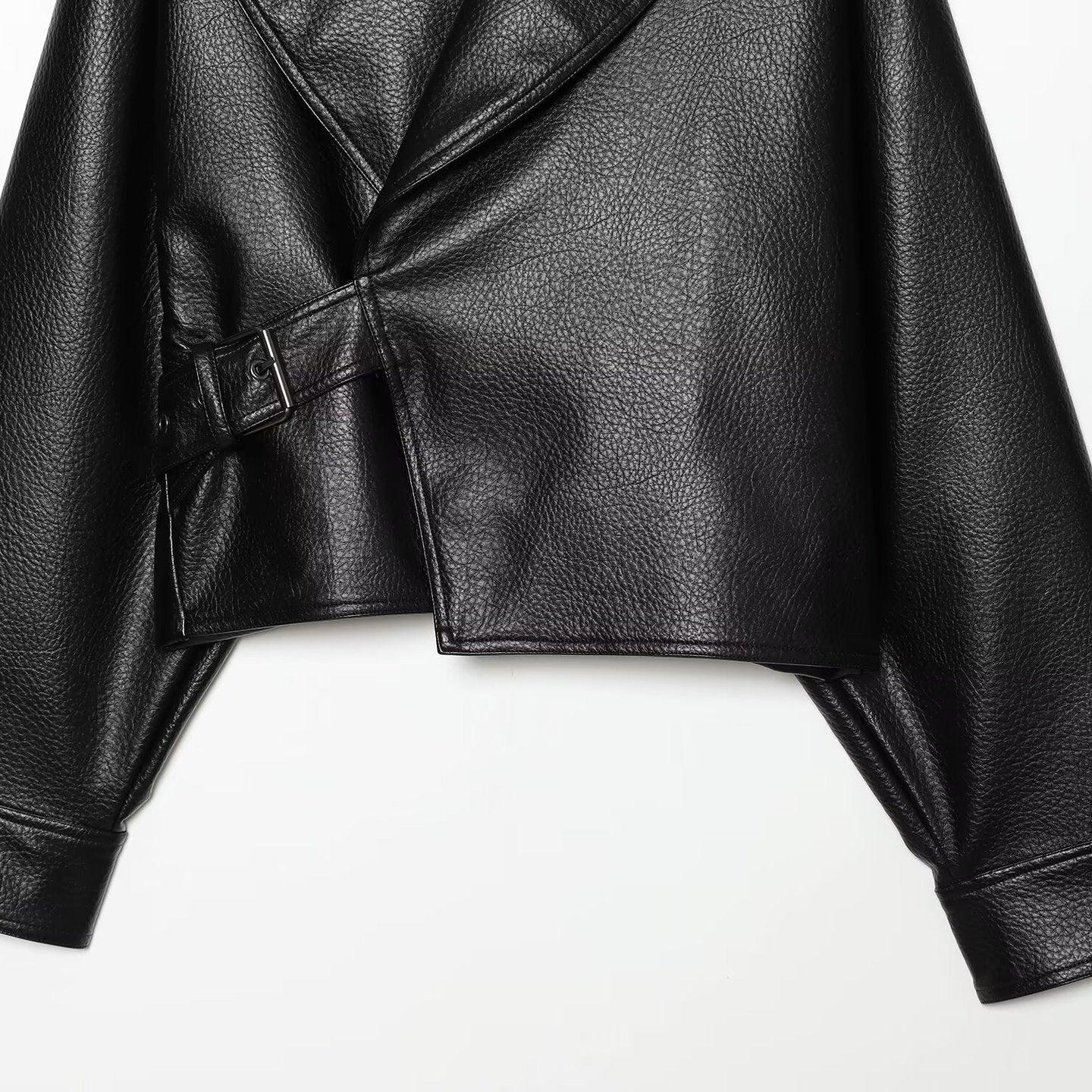 Women's Cropped Leather-Look Jacket with Oversized Shawl Collar and Tailoring Buckle Belt Chichicherry