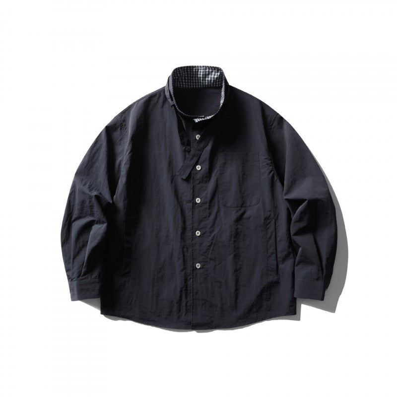 Unisex Wide Crinkle Shirt with High Standing Collar and Concealed Button Placket Chichicherry