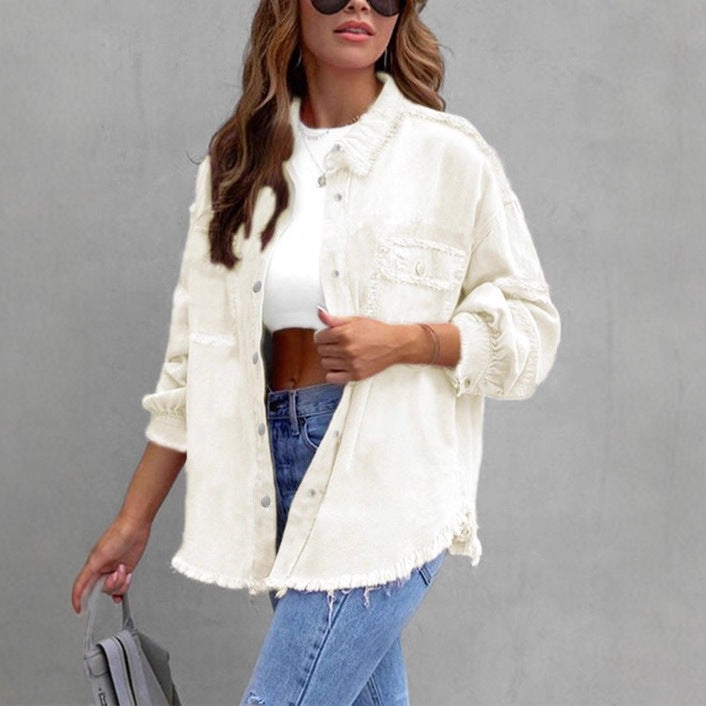 Women's Casual Denim Shirt-Style Jacket with Raw Edge and Snap Button Placket Chichicherry