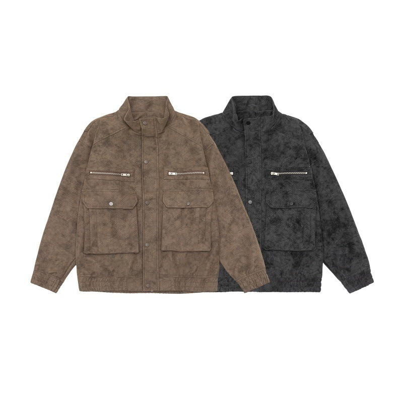 Men's Boxy Utility Blouson Jacket in Velour Look with Stand-up Collar and Multiple Pockets Chichicherry