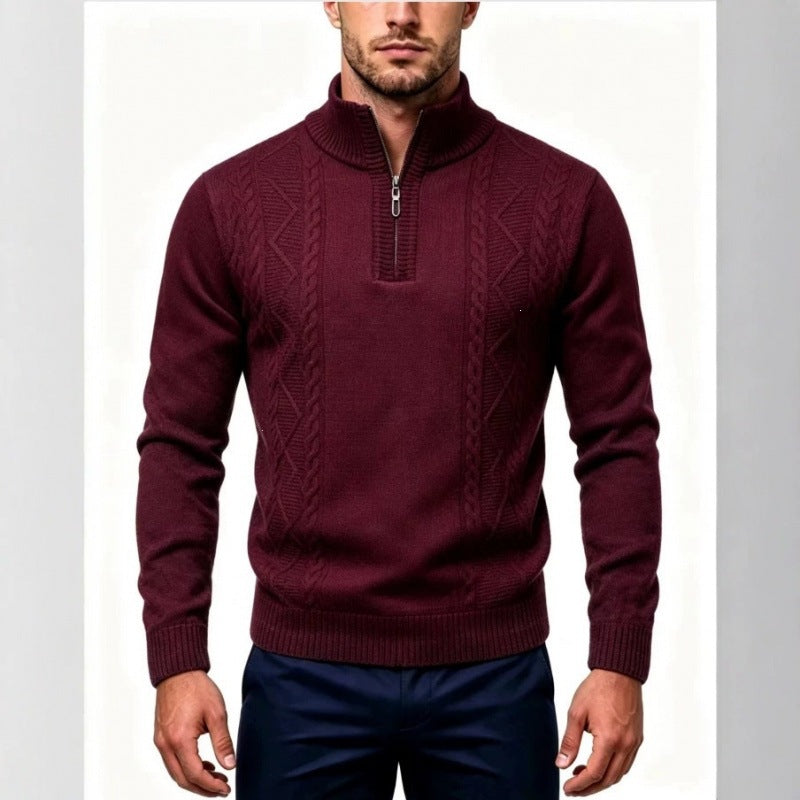Men's Structured Half-Zip Pullover with Stand-Up Collar and Cable Knit Details Chichicherry