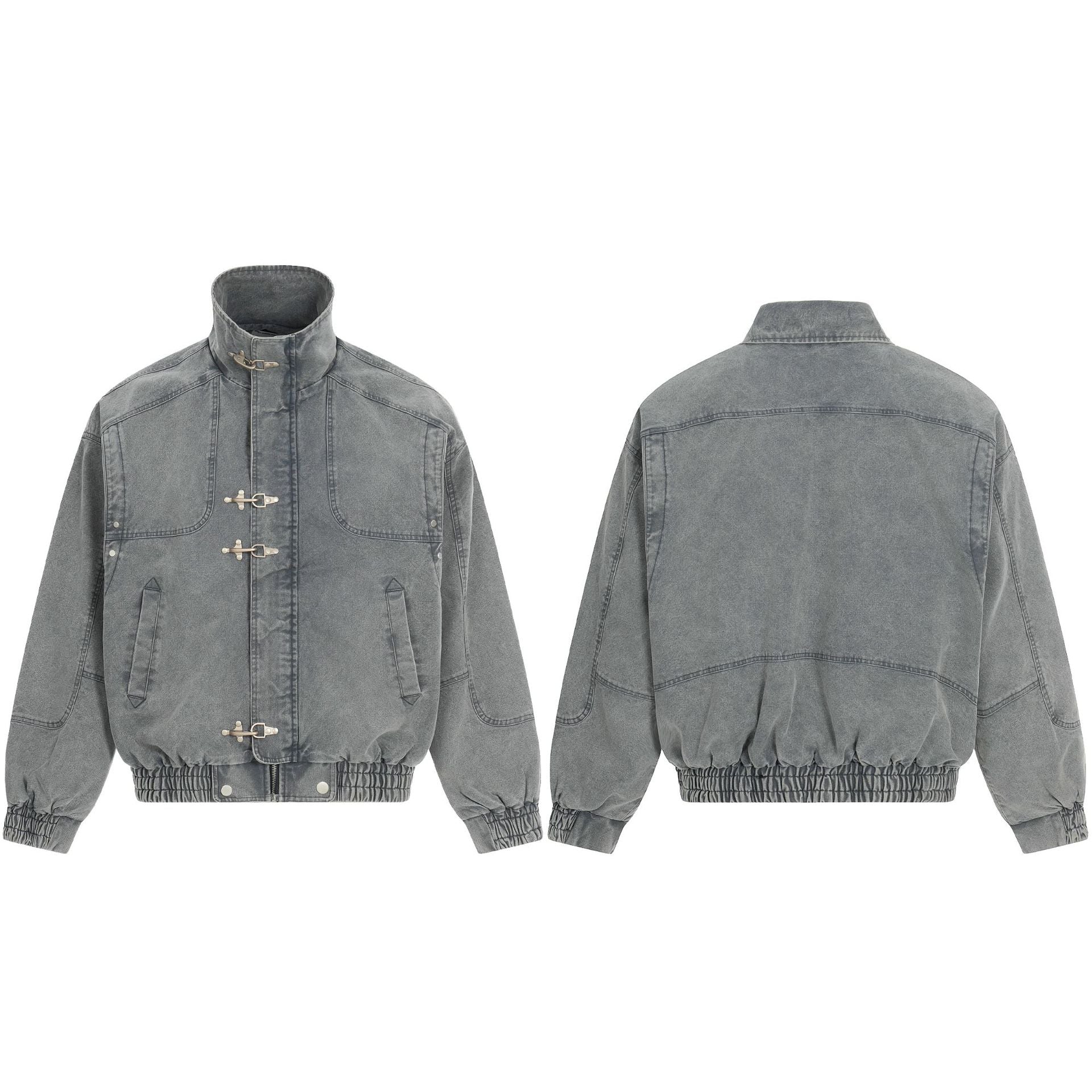 Men's Short-Cut Canvas-Denim Field Blouson with Toggle Closures and High Stand-Up Collar Chichicherry