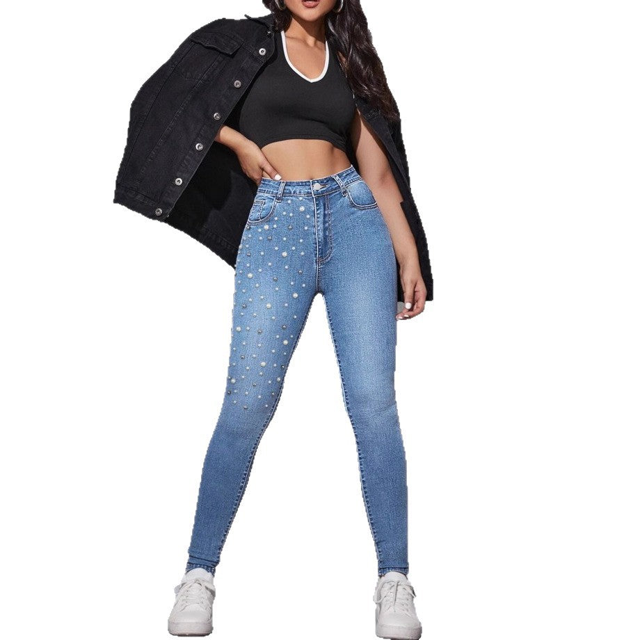 Women High-Rise Sculpting Skinny Jeans with Asymmetric Pearl Pattern Chichicherry