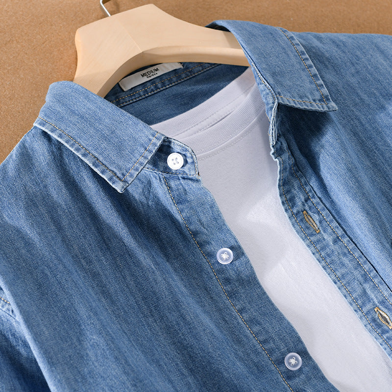 Men Washed Denim Overshirt with Flap Pocket, Relaxed Fit and Soft Touch Chichicherry