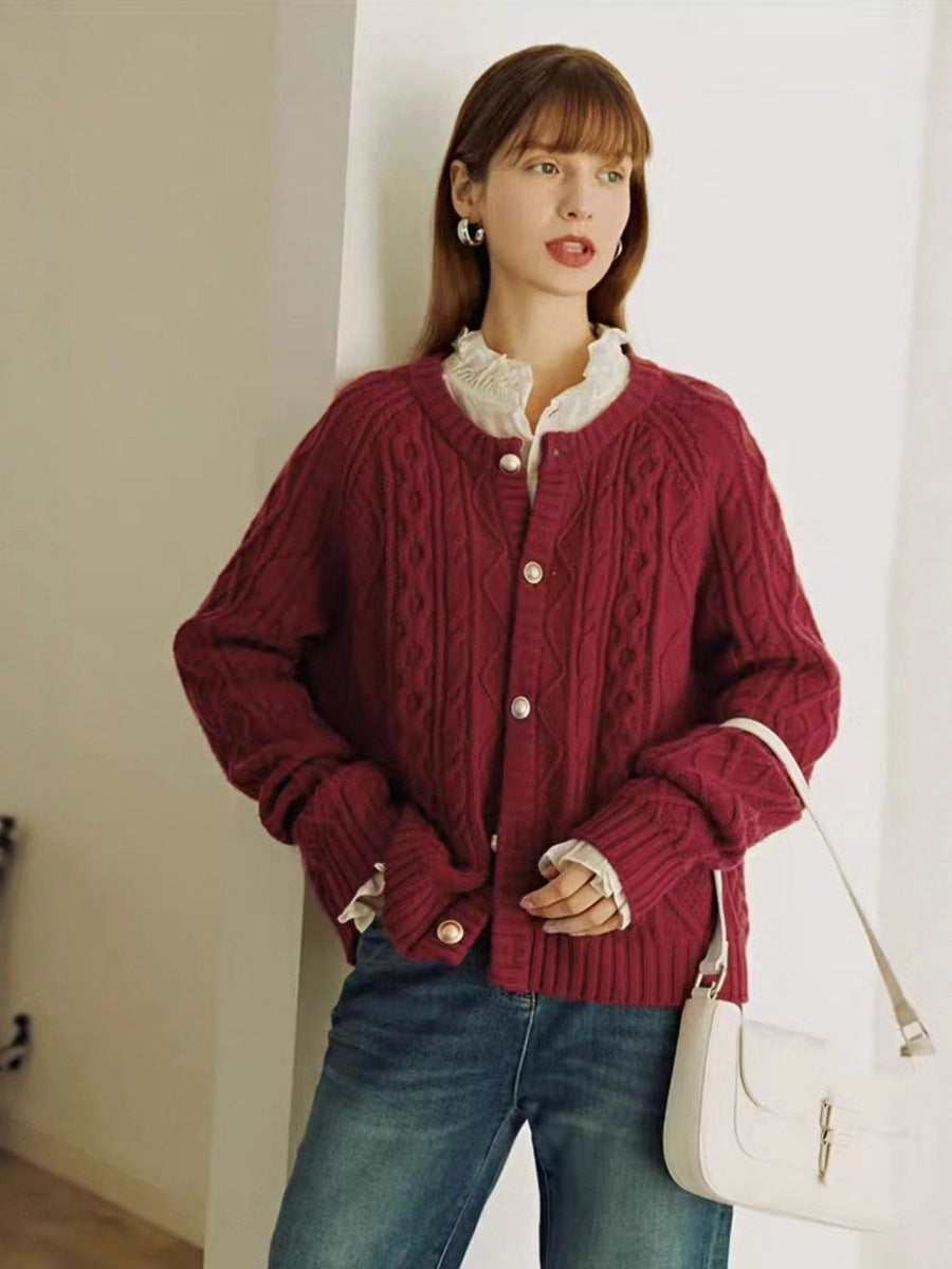 Women's Cozy Braid and Diamond Knit Cardigan with Mother-of-Pearl Button Placket Chichicherry