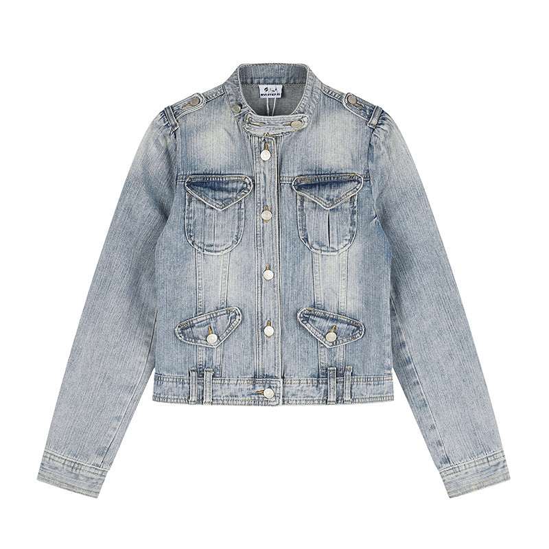 Women's Short Denim Jacket in Military Style with Stand Collar, Shoulder Epaulets and Flap Pockets Chichicherry