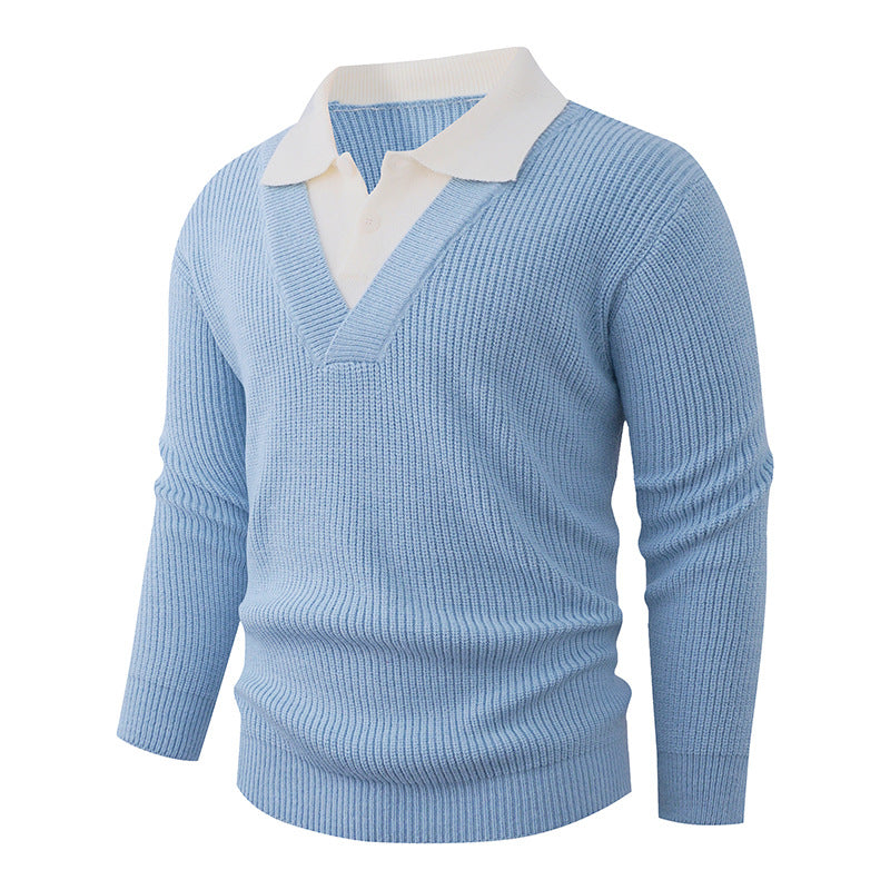 Men's fine knit pullover with integrated polo collar and deep V-neck Chichicherry