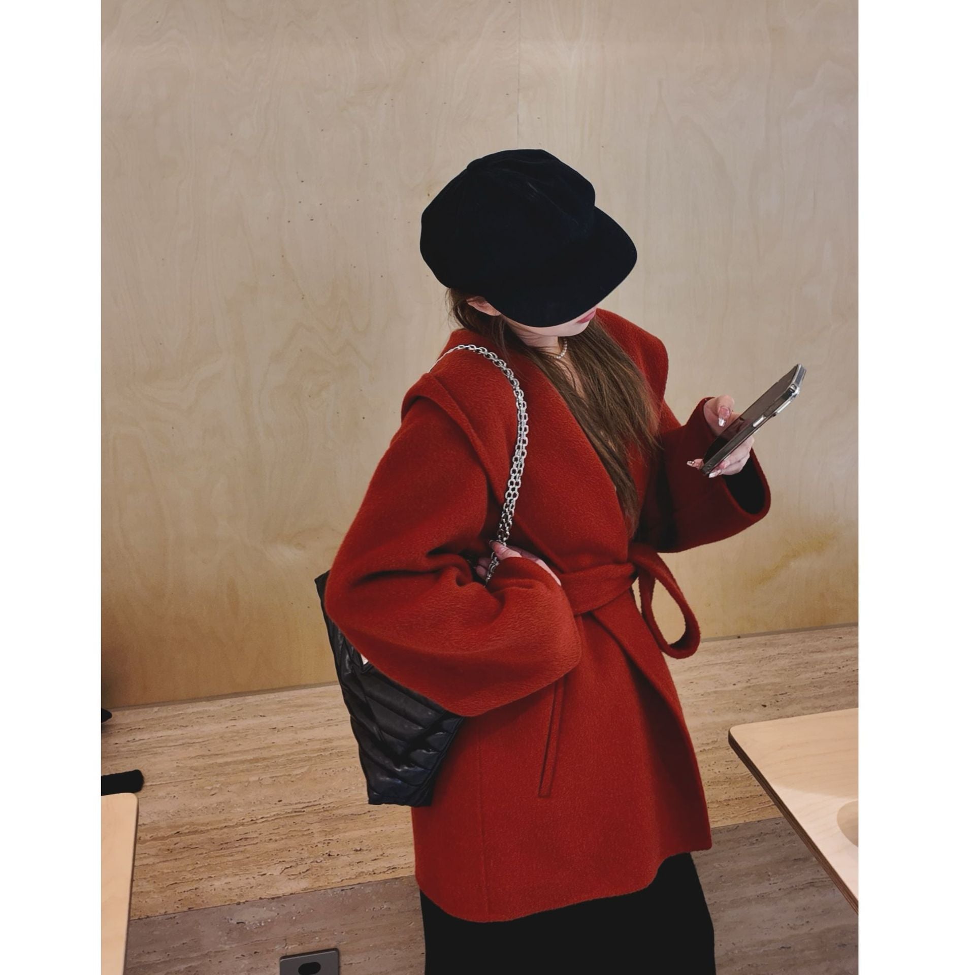 Women's Oversized Wool Coat with Hood and Waist Belt Chichicherry