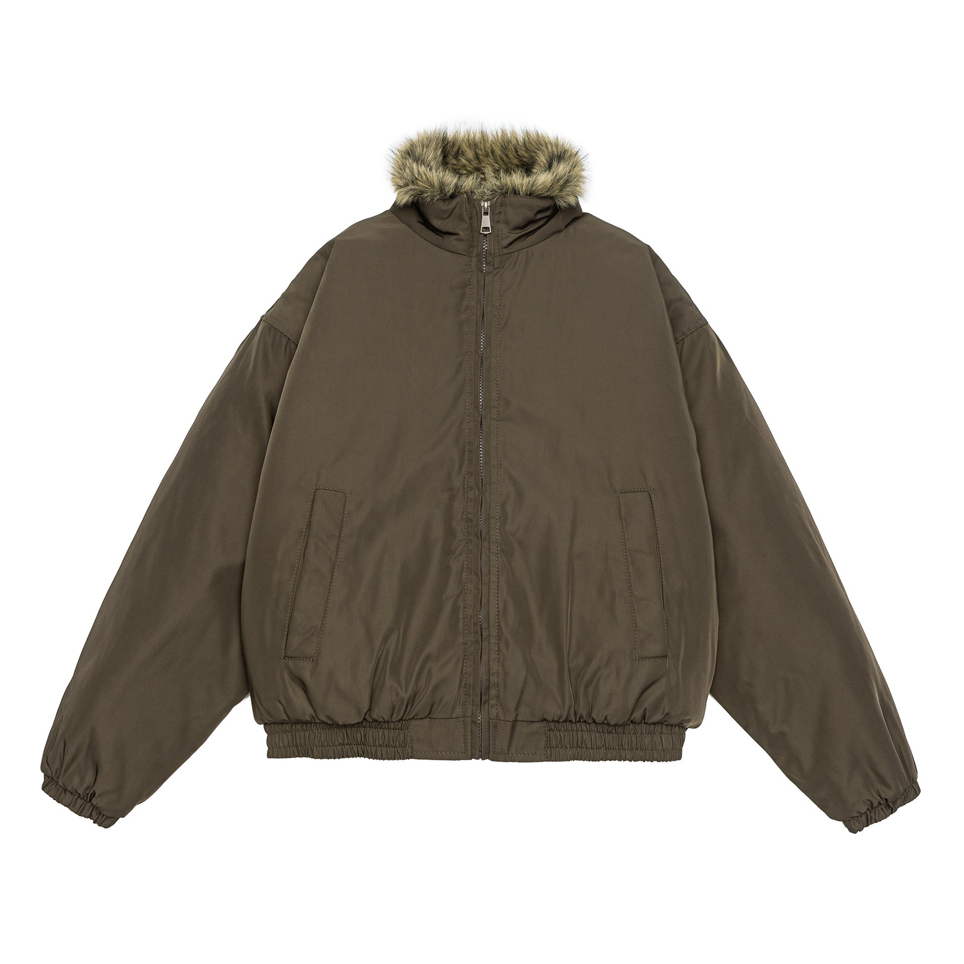 Women's oversized padded bomber jacket with elastic hem and faux fur trim Chichicherry