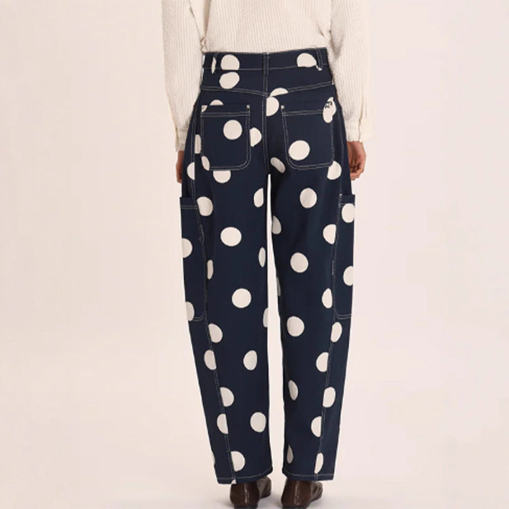 Women's wide cargo pants with high waist, polka dot print and visible contrast stitching Chichicherry