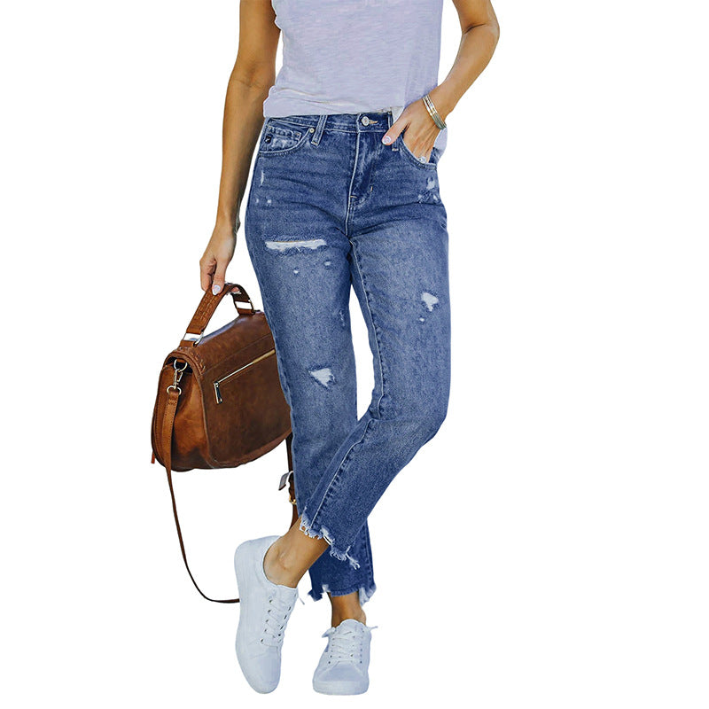 Women's High-Waist Jeans with straight leg, destroyed look and raw hem Chichicherry