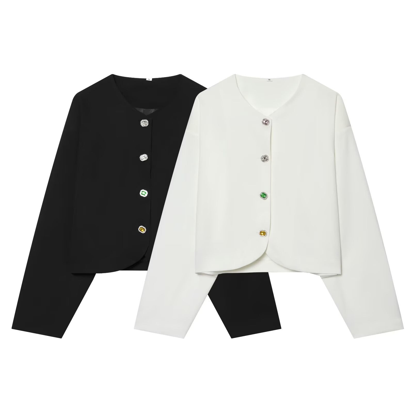 Women's Cropped Boxy Jacket with Decorative Buttons and Round Neckline Chichicherry