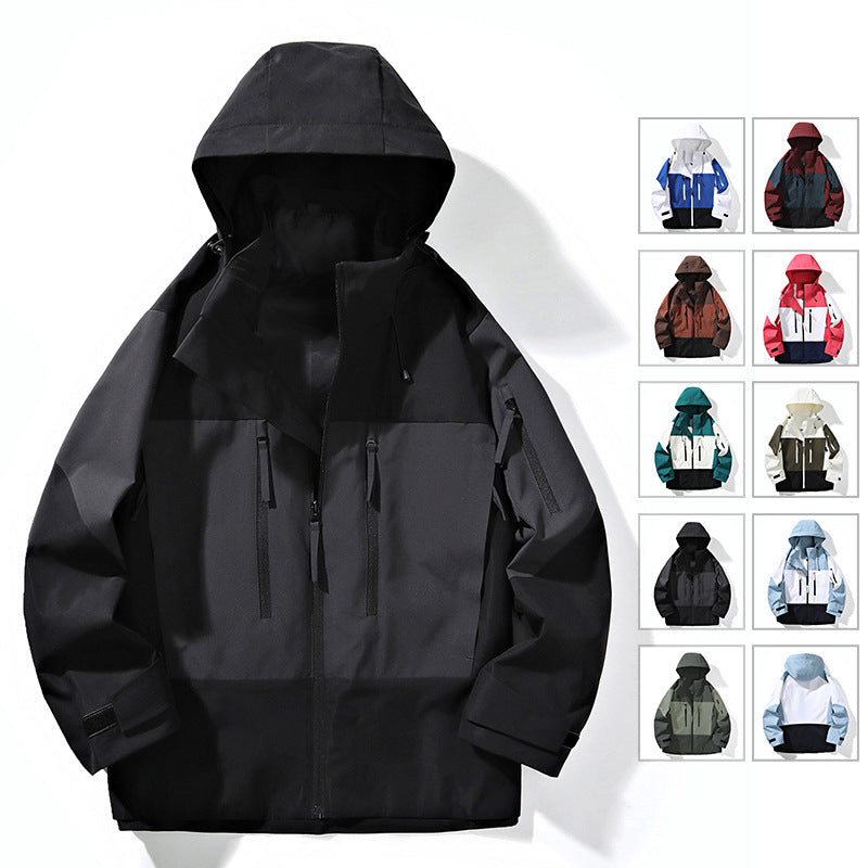 Men's Water-Repellent Colorblock Outdoor Jacket with Hood, Multiple Zipper Pockets and Adjustable Cuffs Chichicherry