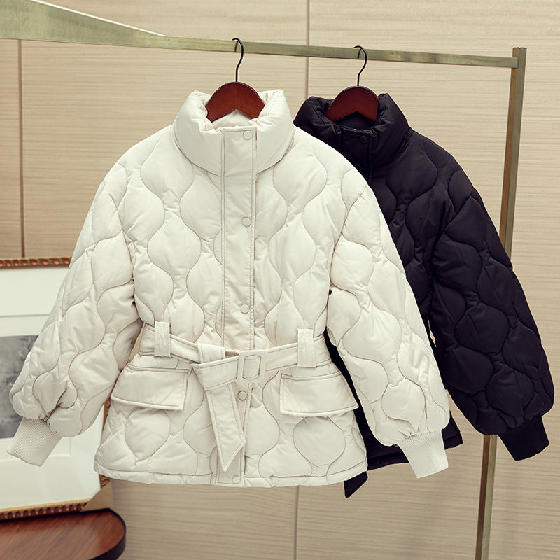 Women's quilted tailored quilted jacket with wrap belt, stand-up collar, and flap pockets Chichicherry