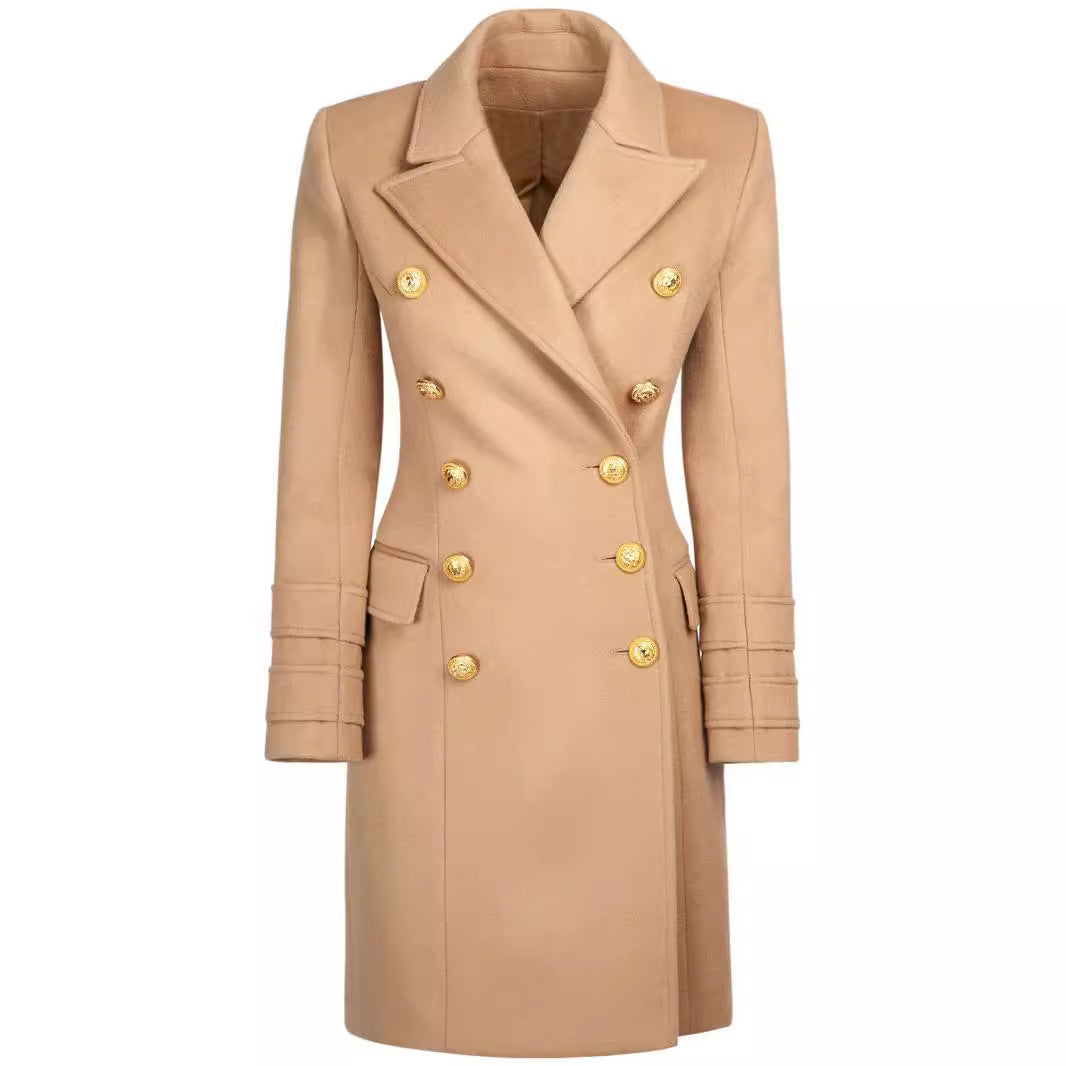 Women’s short coat in blazer dress style with structured waistline and golden decorative buttons Chichicherry