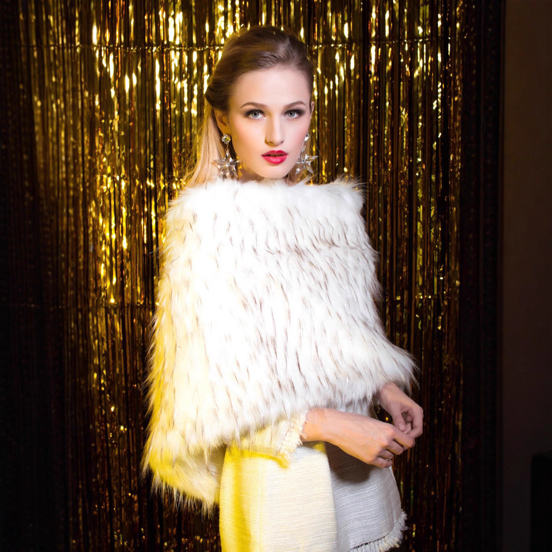 Ladies Sleeveless Faux Fur Shoulder Cape with Dense Plush and Asymmetric Cut Chichicherry