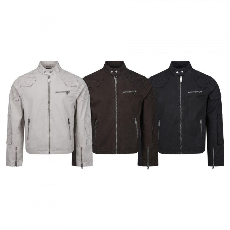 Men's short cut biker-inspired cotton jacket with stand-up collar, quilted inserts, and zippered pockets Chichicherry
