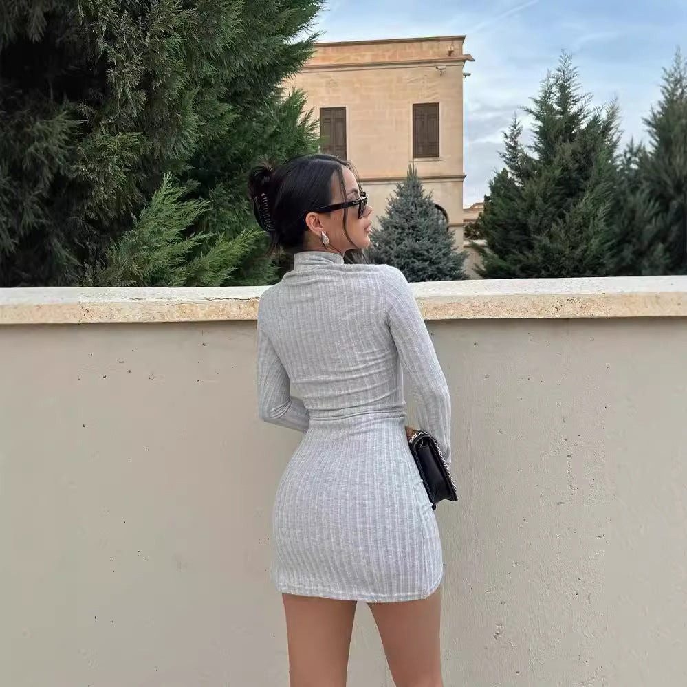 Damen Enganliegendes Rippstrick-Minikleid mit Rollkragen und langen Ärmeln Chichicherry