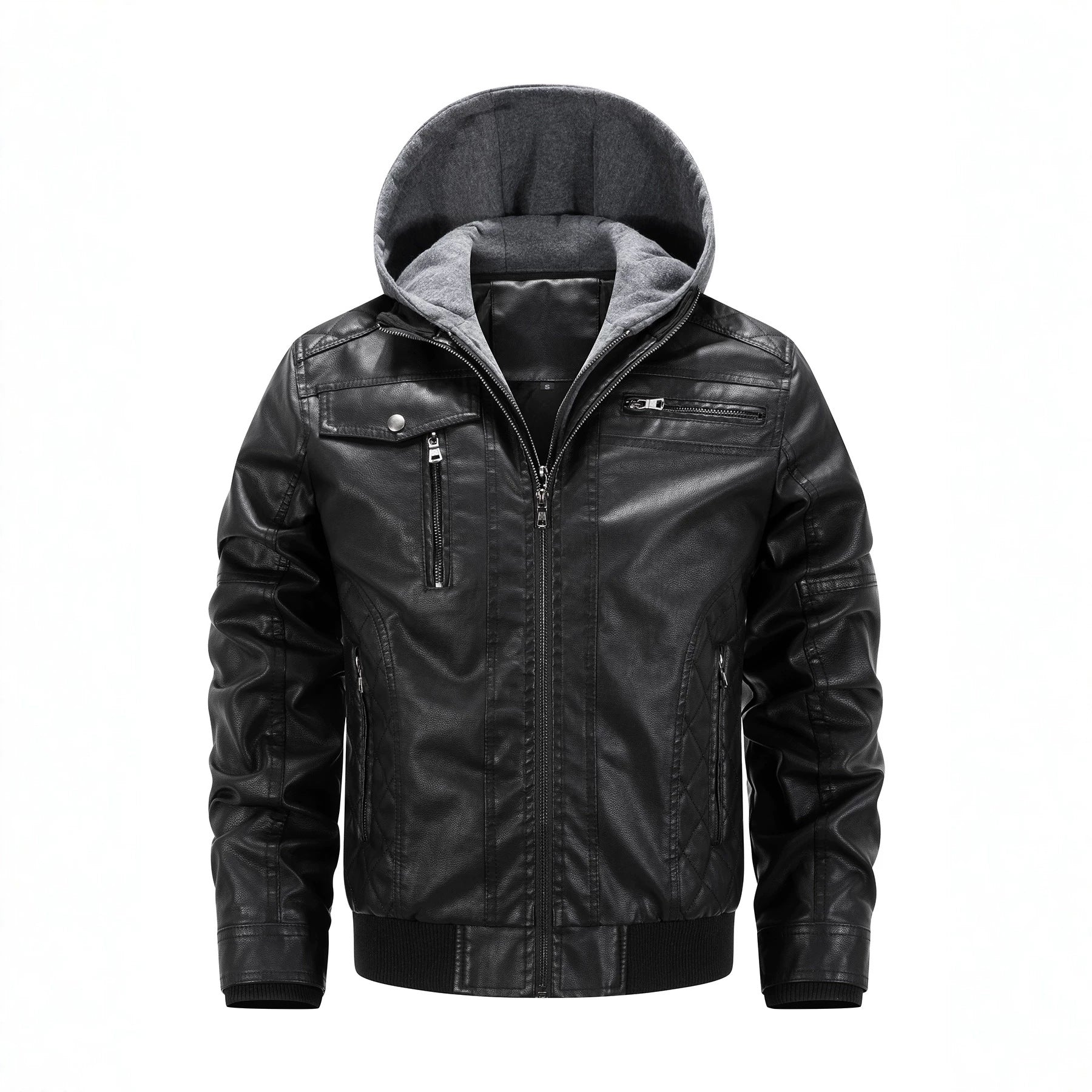 Men's Faux Leather Biker Jacket with Removable Hood Panel and Quilted Side Panels Chichicherry